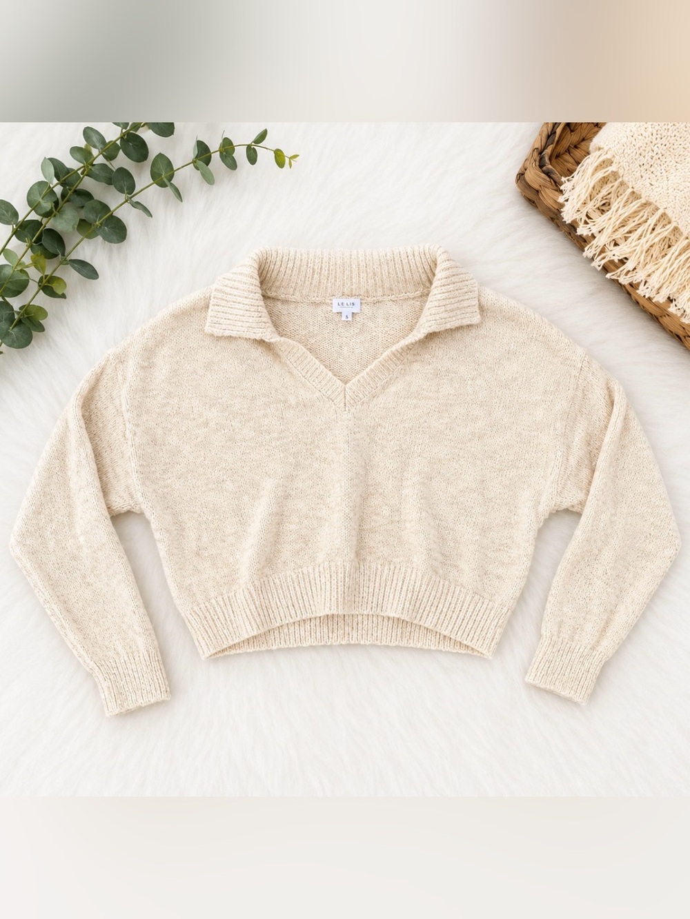 LE LIS Women’s Cropped Collared Cream Neutral Athleisure Casual knit Sweater S